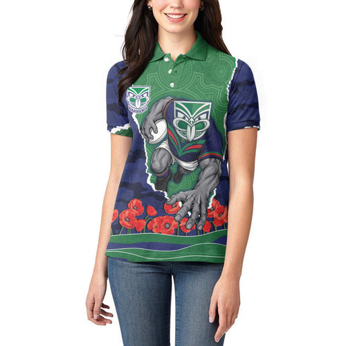 Personalized New Zealand Warriors ANZAC Tribute Women Polo Shirt Poppy Field Soldier Silhouette Aboriginal Rugby Mascot