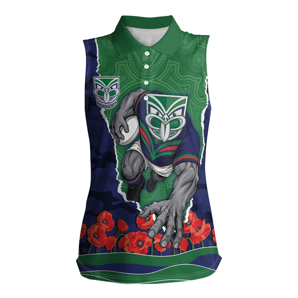 Personalized New Zealand Warriors ANZAC Tribute Women Sleeveless Polo Shirt Poppy Field Soldier Silhouette Aboriginal Rugby Mascot
