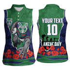 Personalized New Zealand Warriors ANZAC Tribute Women Sleeveless Polo Shirt Poppy Field Soldier Silhouette Aboriginal Rugby Mascot