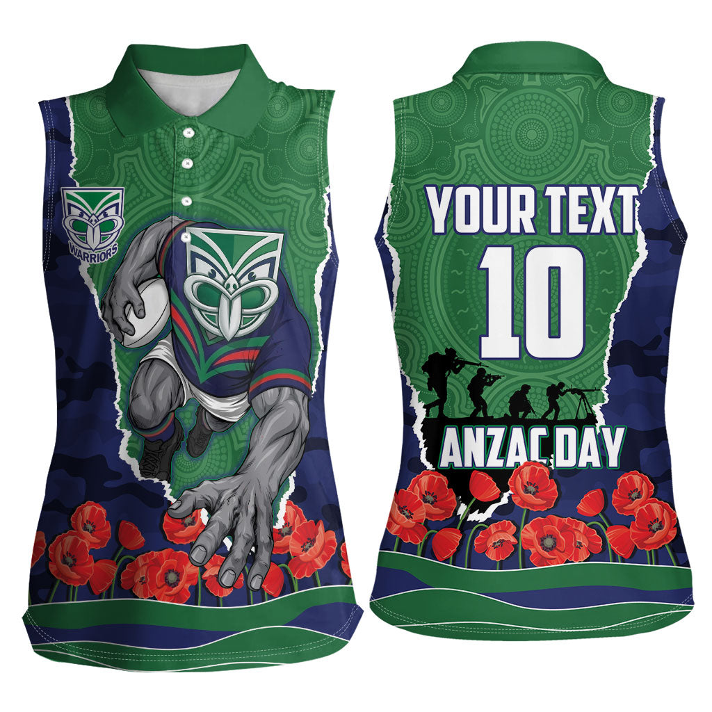 Personalized New Zealand Warriors ANZAC Tribute Women Sleeveless Polo Shirt Poppy Field Soldier Silhouette Aboriginal Rugby Mascot