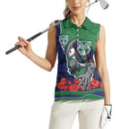 Personalized New Zealand Warriors ANZAC Tribute Women Sleeveless Polo Shirt Poppy Field Soldier Silhouette Aboriginal Rugby Mascot