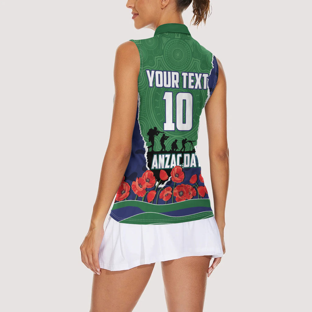 Personalized New Zealand Warriors ANZAC Tribute Women Sleeveless Polo Shirt Poppy Field Soldier Silhouette Aboriginal Rugby Mascot
