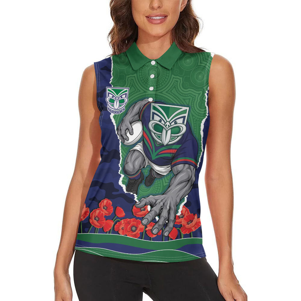 Personalized New Zealand Warriors ANZAC Tribute Women Sleeveless Polo Shirt Poppy Field Soldier Silhouette Aboriginal Rugby Mascot