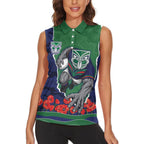 Personalized New Zealand Warriors ANZAC Tribute Women Sleeveless Polo Shirt Poppy Field Soldier Silhouette Aboriginal Rugby Mascot