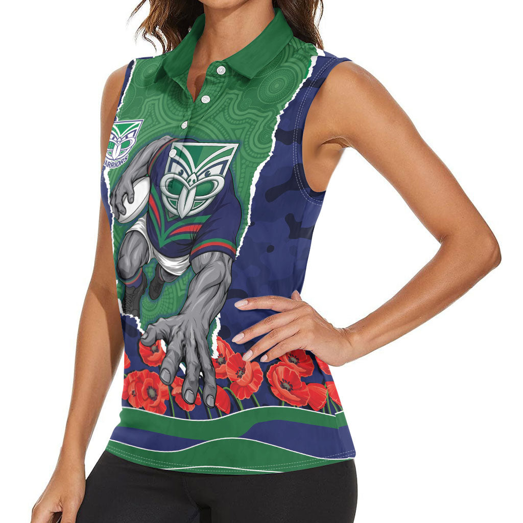 Personalized New Zealand Warriors ANZAC Tribute Women Sleeveless Polo Shirt Poppy Field Soldier Silhouette Aboriginal Rugby Mascot