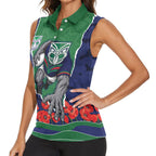 Personalized New Zealand Warriors ANZAC Tribute Women Sleeveless Polo Shirt Poppy Field Soldier Silhouette Aboriginal Rugby Mascot