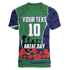 Personalized New Zealand Warriors ANZAC Tribute Women V-Neck T-Shirt Poppy Field Soldier Silhouette Aboriginal Rugby Mascot