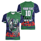Personalized New Zealand Warriors ANZAC Tribute Women V-Neck T-Shirt Poppy Field Soldier Silhouette Aboriginal Rugby Mascot