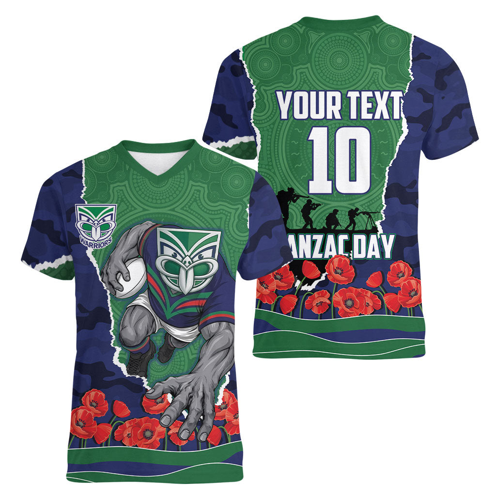 Personalized New Zealand Warriors ANZAC Tribute Women V-Neck T-Shirt Poppy Field Soldier Silhouette Aboriginal Rugby Mascot