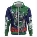Personalized New Zealand Warriors ANZAC Tribute Zip Hoodie Poppy Field Soldier Silhouette Aboriginal Rugby Mascot