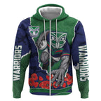 Personalized New Zealand Warriors ANZAC Tribute Zip Hoodie Poppy Field Soldier Silhouette Aboriginal Rugby Mascot