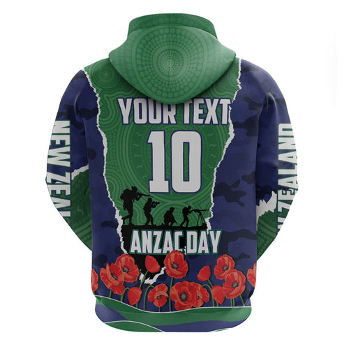 Personalized New Zealand Warriors ANZAC Tribute Zip Hoodie Poppy Field Soldier Silhouette Aboriginal Rugby Mascot