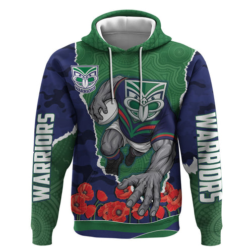 Personalized New Zealand Warriors ANZAC Tribute Zip Hoodie Poppy Field Soldier Silhouette Aboriginal Rugby Mascot
