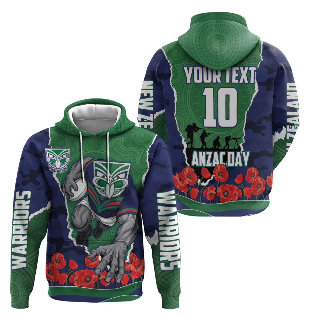 Personalized New Zealand Warriors ANZAC Tribute Zip Hoodie Poppy Field Soldier Silhouette Aboriginal Rugby Mascot