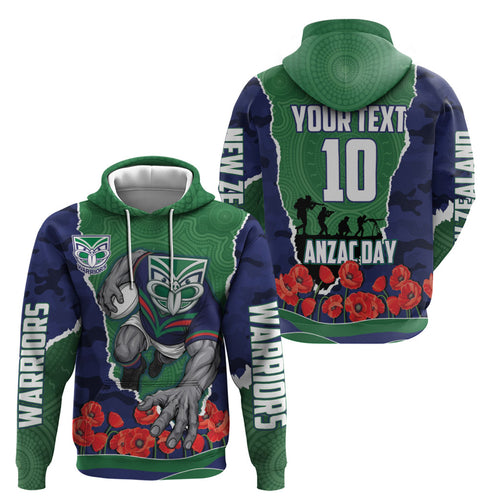 Personalized New Zealand Warriors ANZAC Tribute Zip Hoodie Poppy Field Soldier Silhouette Aboriginal Rugby Mascot