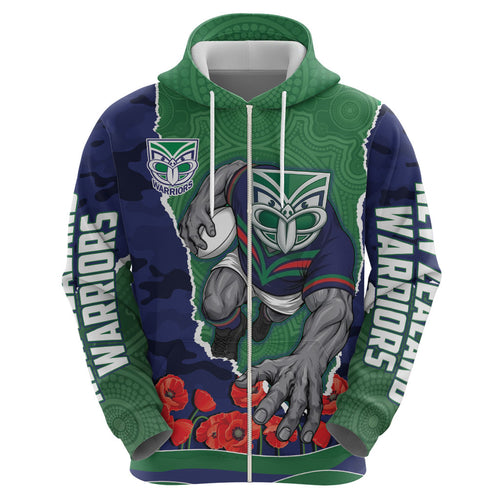Personalized New Zealand Warriors ANZAC Tribute Zip Hoodie Poppy Field Soldier Silhouette Aboriginal Rugby Mascot