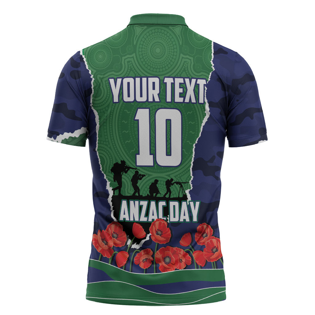 Personalized New Zealand Warriors ANZAC Tribute Zipper Polo Shirt Poppy Field Soldier Silhouette Aboriginal Rugby Mascot