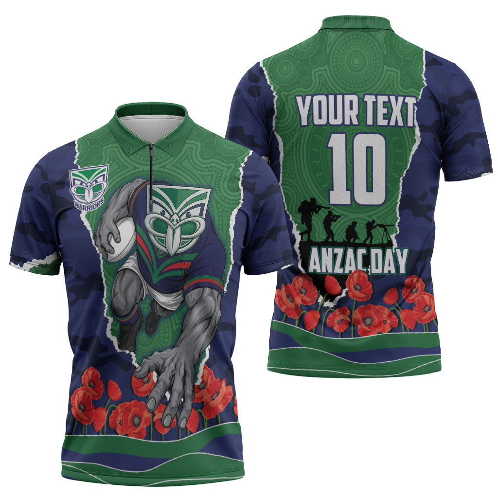 Personalized New Zealand Warriors ANZAC Tribute Zipper Polo Shirt Poppy Field Soldier Silhouette Aboriginal Rugby Mascot
