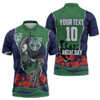 Personalized New Zealand Warriors ANZAC Tribute Zipper Polo Shirt Poppy Field Soldier Silhouette Aboriginal Rugby Mascot