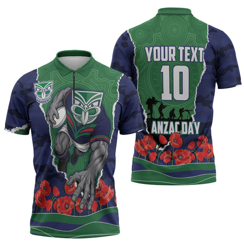 Personalized New Zealand Warriors ANZAC Tribute Zipper Polo Shirt Poppy Field Soldier Silhouette Aboriginal Rugby Mascot