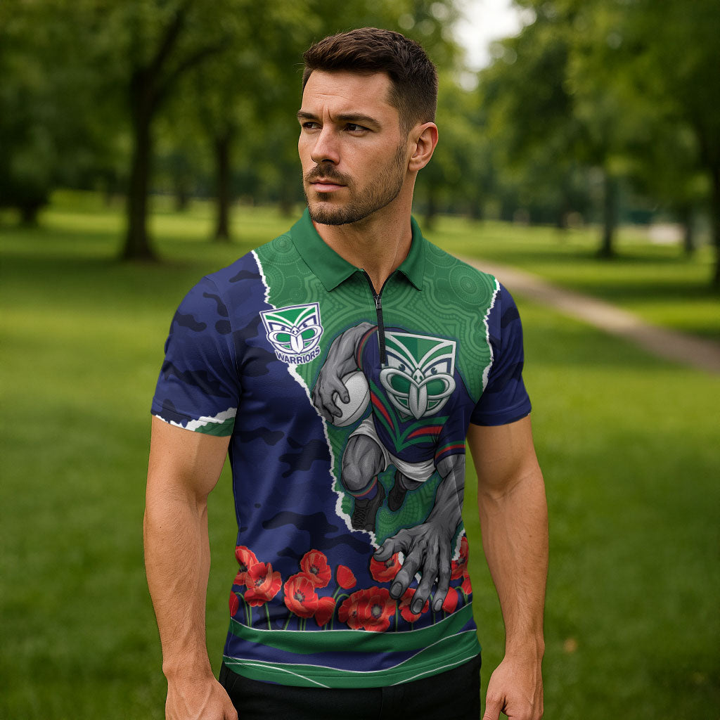 Personalized New Zealand Warriors ANZAC Tribute Zipper Polo Shirt Poppy Field Soldier Silhouette Aboriginal Rugby Mascot