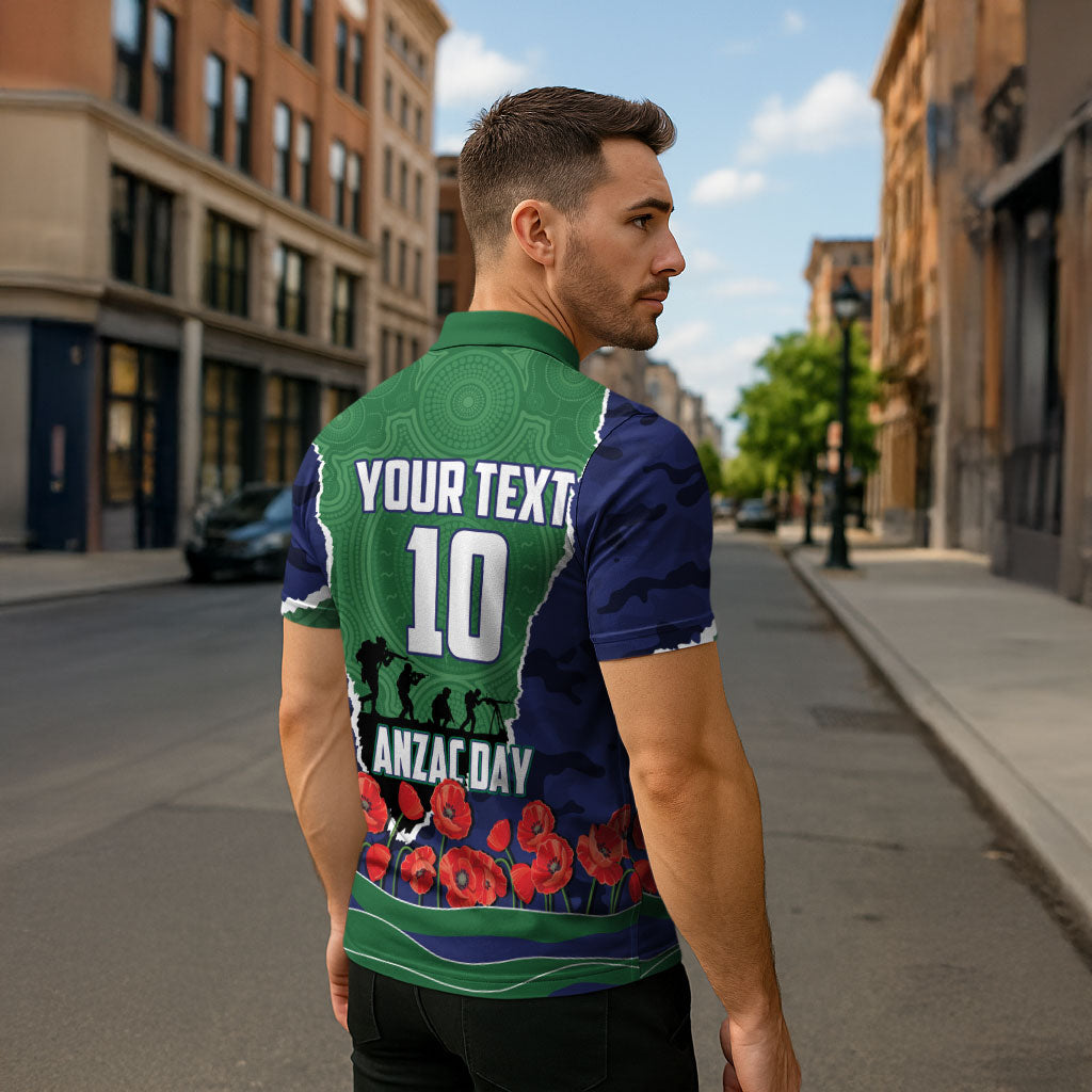 Personalized New Zealand Warriors ANZAC Tribute Zipper Polo Shirt Poppy Field Soldier Silhouette Aboriginal Rugby Mascot