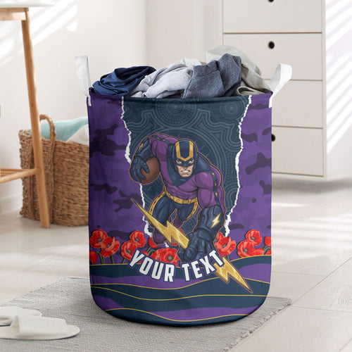 Personalized Melbourne Storm ANZAC Tribute Laundry Basket Poppy Field Soldier Silhouette Aboriginal Rugby Mascot