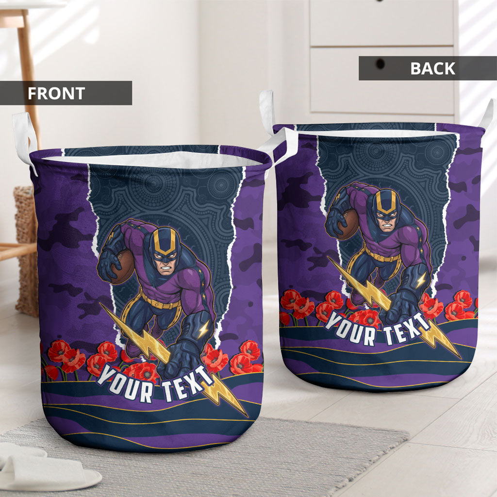 Personalized Melbourne Storm ANZAC Tribute Laundry Basket Poppy Field Soldier Silhouette Aboriginal Rugby Mascot