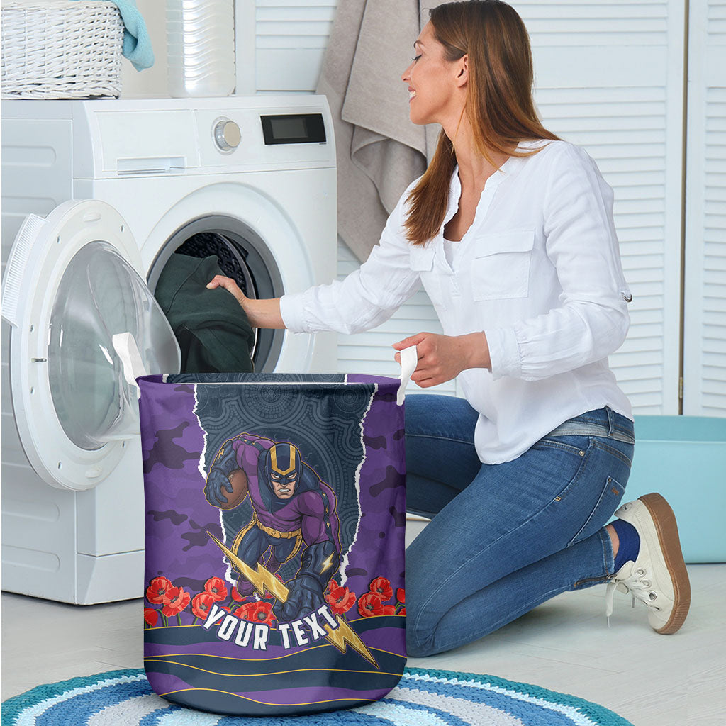 Personalized Melbourne Storm ANZAC Tribute Laundry Basket Poppy Field Soldier Silhouette Aboriginal Rugby Mascot