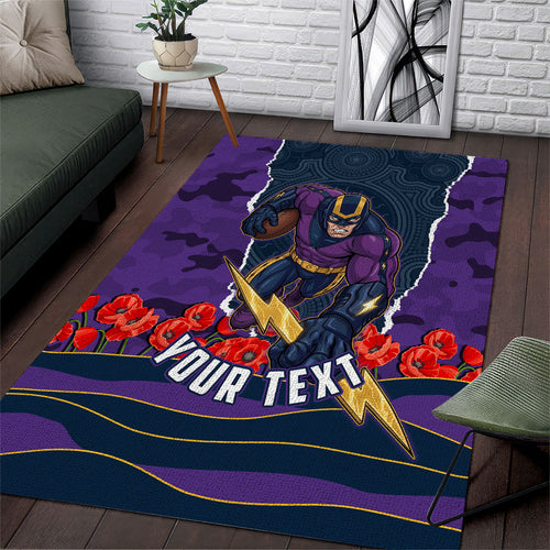 Personalized Melbourne Storm ANZAC Tribute Area Rug Poppy Field Soldier Silhouette Aboriginal Rugby Mascot