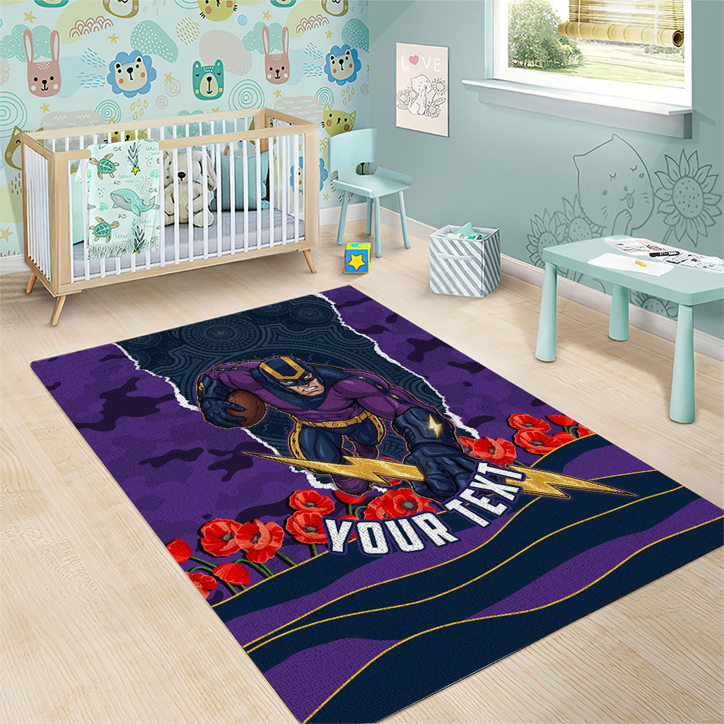 Personalized Melbourne Storm ANZAC Tribute Area Rug Poppy Field Soldier Silhouette Aboriginal Rugby Mascot