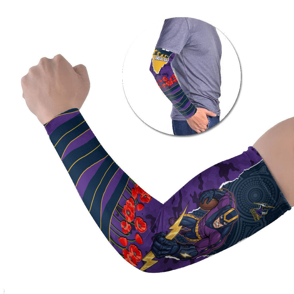 Personalized Melbourne Storm ANZAC Tribute Arm Sleeves Poppy Field Soldier Silhouette Aboriginal Rugby Mascot