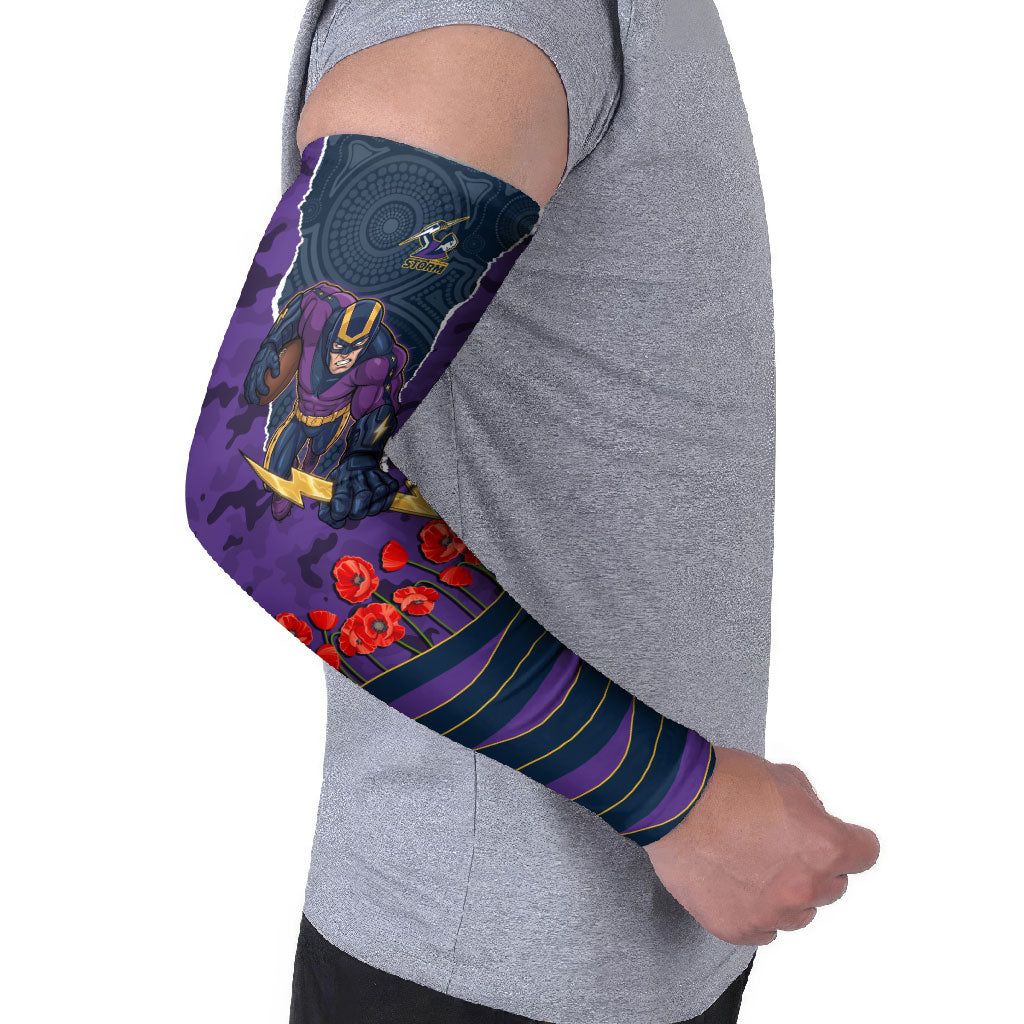 Personalized Melbourne Storm ANZAC Tribute Arm Sleeves Poppy Field Soldier Silhouette Aboriginal Rugby Mascot