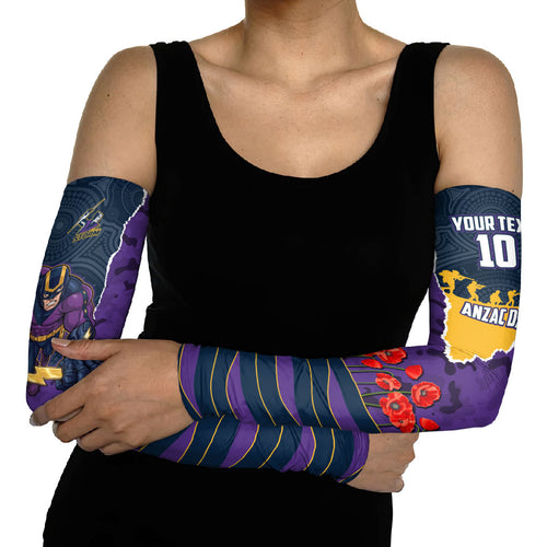 Personalized Melbourne Storm ANZAC Tribute Arm Sleeves Poppy Field Soldier Silhouette Aboriginal Rugby Mascot