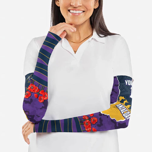 Personalized Melbourne Storm ANZAC Tribute Arm Sleeves Poppy Field Soldier Silhouette Aboriginal Rugby Mascot