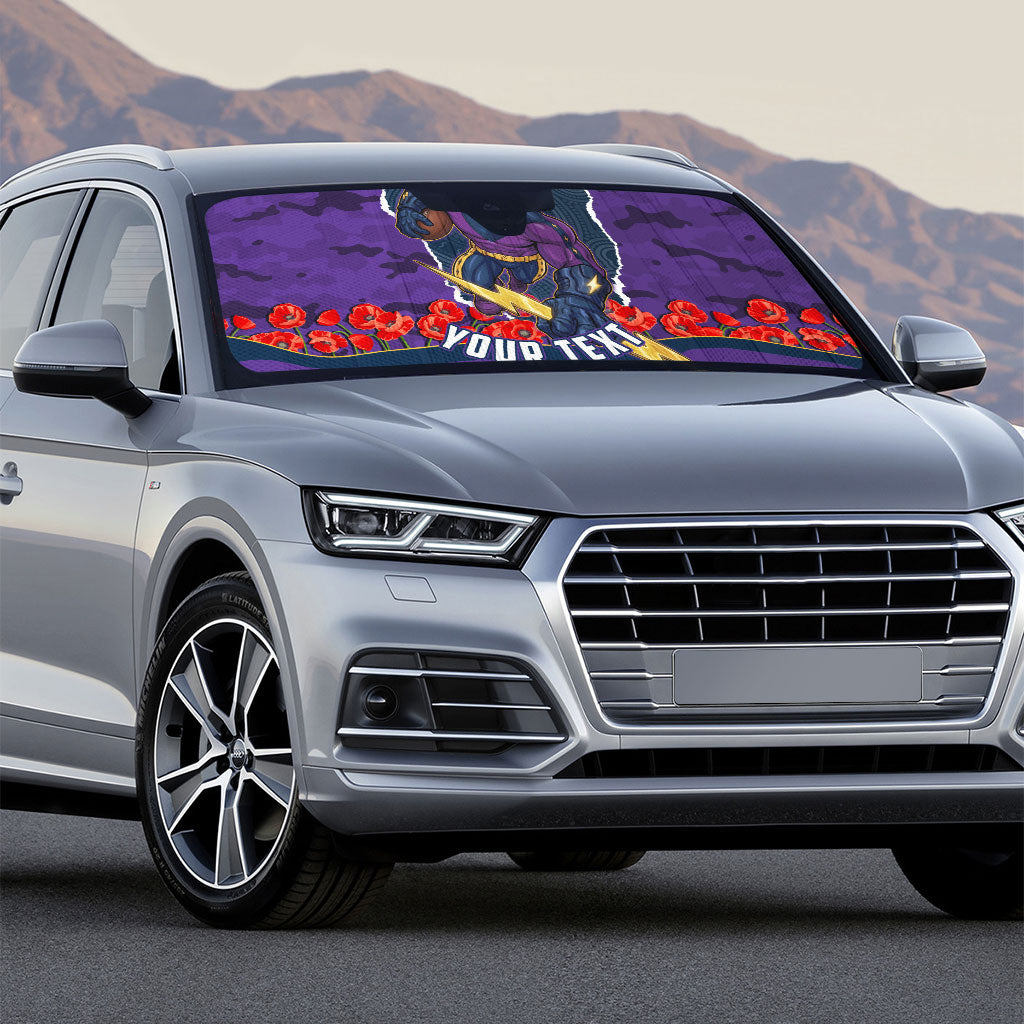 Personalized Melbourne Storm ANZAC Tribute Auto Sun Shade Poppy Field Soldier Silhouette Aboriginal Rugby Mascot