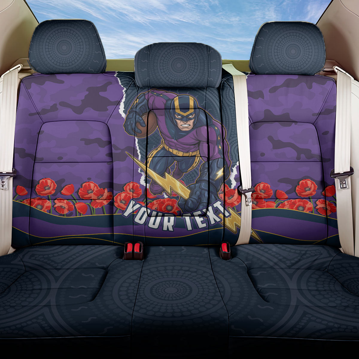 Personalized Melbourne Storm ANZAC Tribute Back Car Seat Cover Poppy Field Soldier Silhouette Aboriginal Rugby Mascot