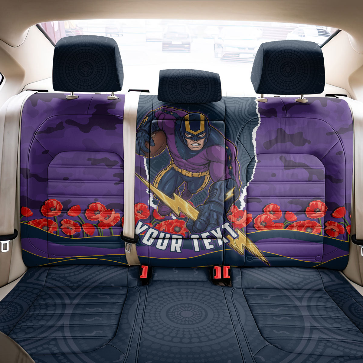 Personalized Melbourne Storm ANZAC Tribute Back Car Seat Cover Poppy Field Soldier Silhouette Aboriginal Rugby Mascot