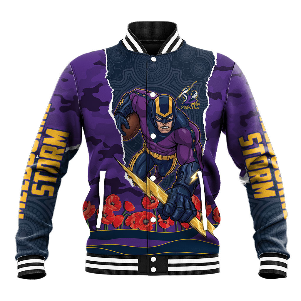 Personalized Melbourne Storm ANZAC Tribute Baseball Jacket Poppy Field Soldier Silhouette Aboriginal Rugby Mascot