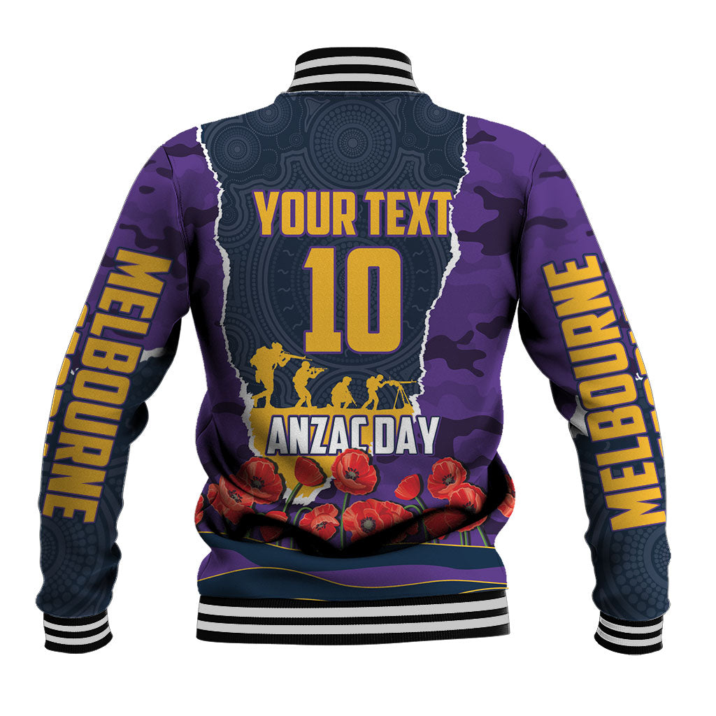 Personalized Melbourne Storm ANZAC Tribute Baseball Jacket Poppy Field Soldier Silhouette Aboriginal Rugby Mascot