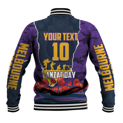 Personalized Melbourne Storm ANZAC Tribute Baseball Jacket Poppy Field Soldier Silhouette Aboriginal Rugby Mascot