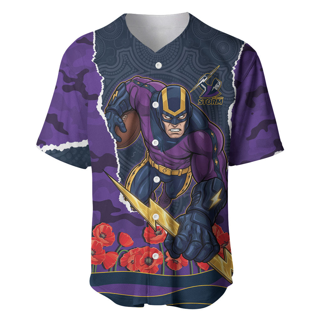 Personalized Melbourne Storm ANZAC Tribute Baseball Jersey Poppy Field Soldier Silhouette Aboriginal Rugby Mascot