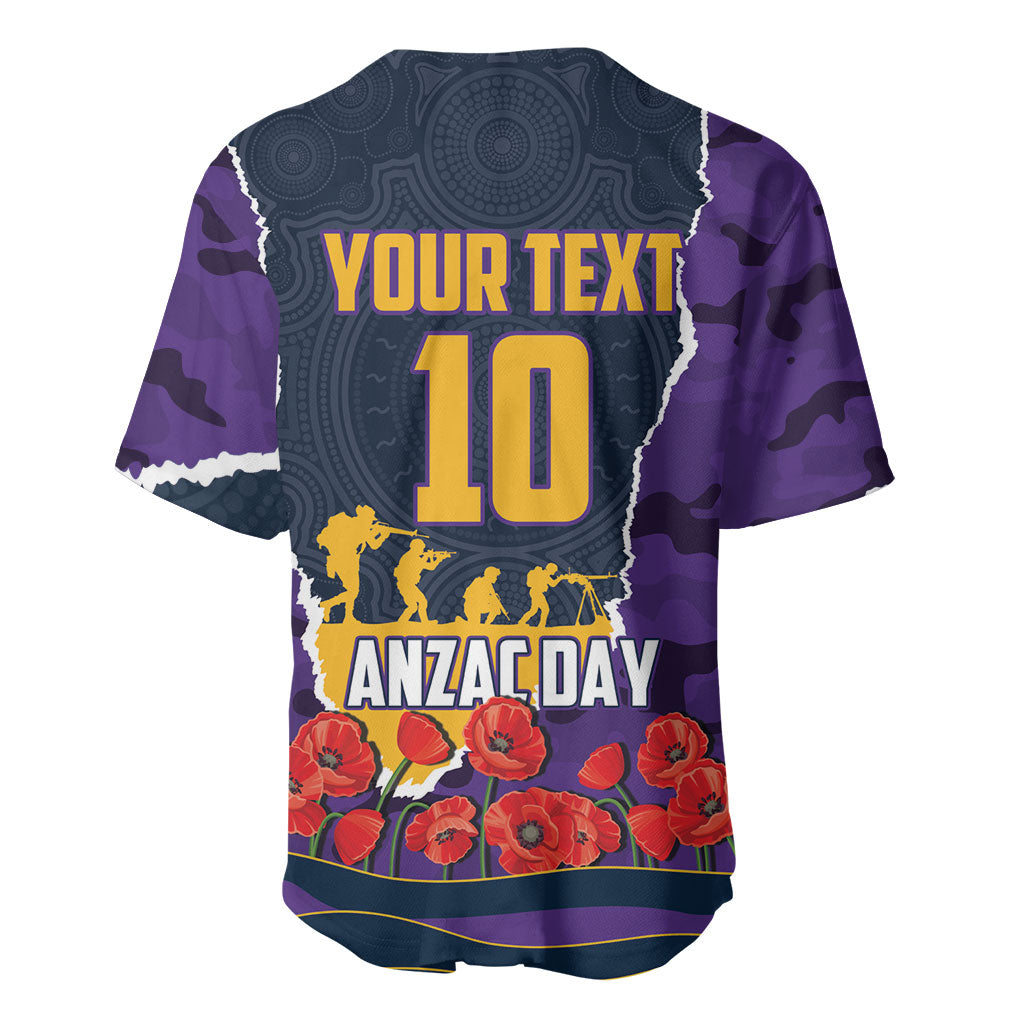 Personalized Melbourne Storm ANZAC Tribute Baseball Jersey Poppy Field Soldier Silhouette Aboriginal Rugby Mascot