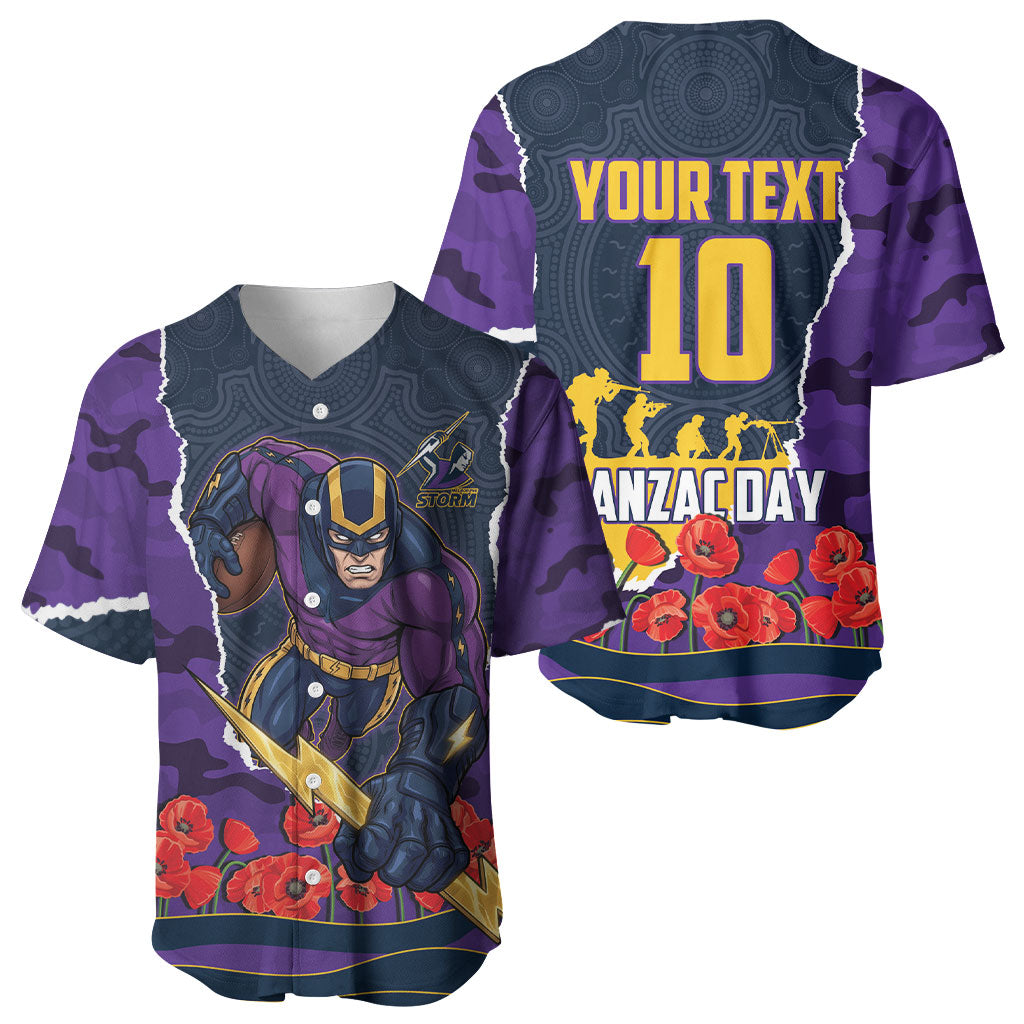 Personalized Melbourne Storm ANZAC Tribute Baseball Jersey Poppy Field Soldier Silhouette Aboriginal Rugby Mascot