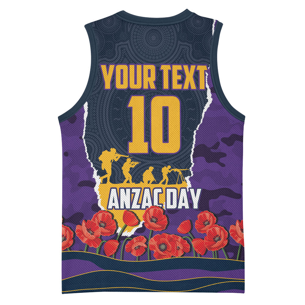 Personalized Melbourne Storm ANZAC Tribute Basketball Jersey Poppy Field Soldier Silhouette Aboriginal Rugby Mascot