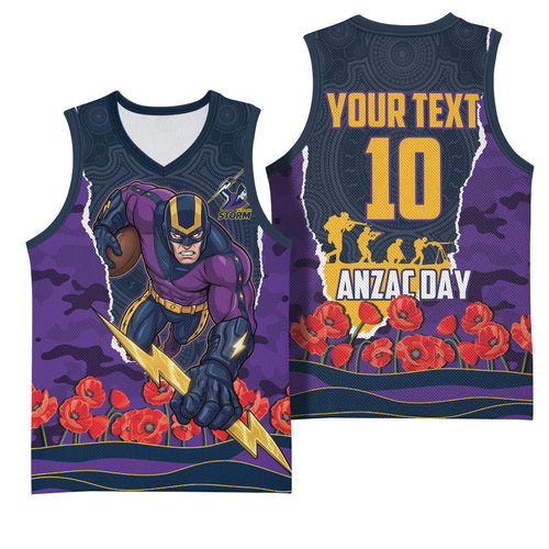 Personalized Melbourne Storm ANZAC Tribute Basketball Jersey Poppy Field Soldier Silhouette Aboriginal Rugby Mascot