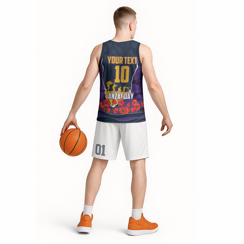 Personalized Melbourne Storm ANZAC Tribute Basketball Jersey Poppy Field Soldier Silhouette Aboriginal Rugby Mascot