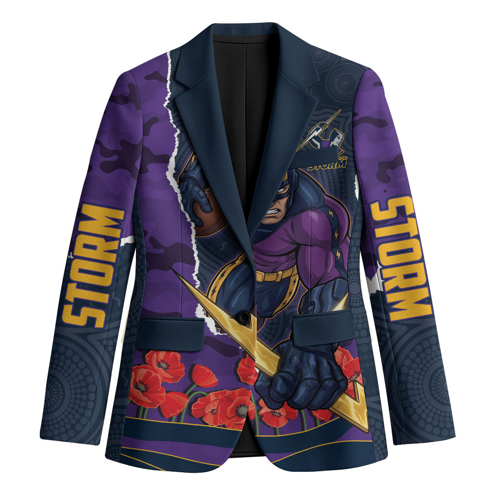 Personalized Melbourne Storm ANZAC Tribute Blazer Poppy Field Soldier Silhouette Aboriginal Rugby Mascot