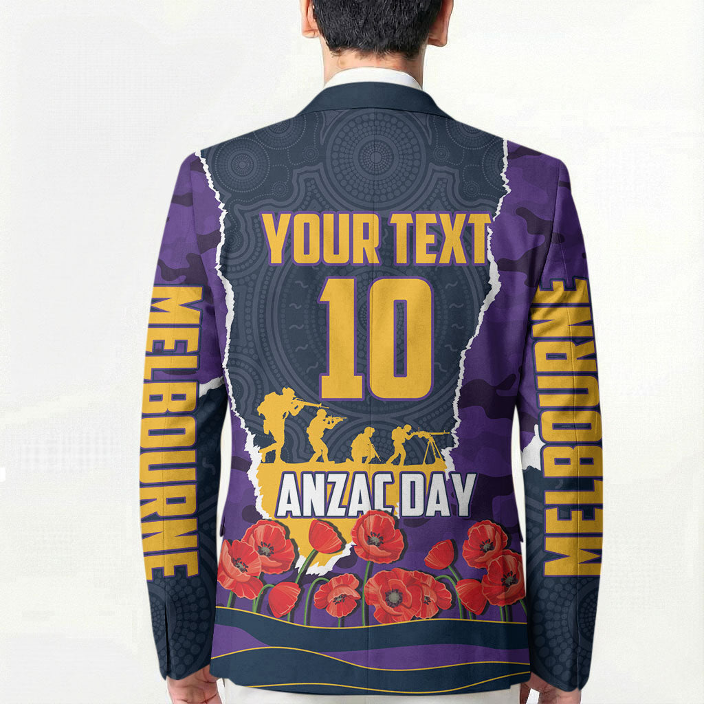 Personalized Melbourne Storm ANZAC Tribute Blazer Poppy Field Soldier Silhouette Aboriginal Rugby Mascot