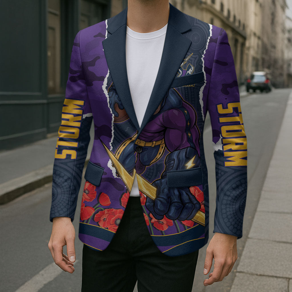 Personalized Melbourne Storm ANZAC Tribute Blazer Poppy Field Soldier Silhouette Aboriginal Rugby Mascot
